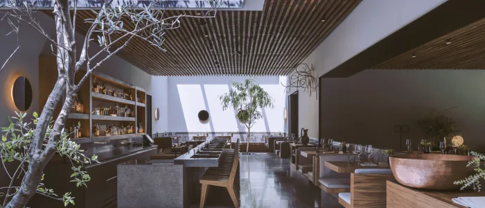 A modern restaurant interior, spotless and well-maintained by commercial cleaning services in Miami.